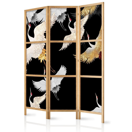 Japanischer Paravent - Cranes at Night - White and Gold Birds Flying Away on a Black Background Artgeist