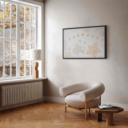 Leinwandbild - Fairy-Tale Galaxy - Phases of the Moon in Yellow Tones Among Stars in Beige and Ash Colors with Stardust