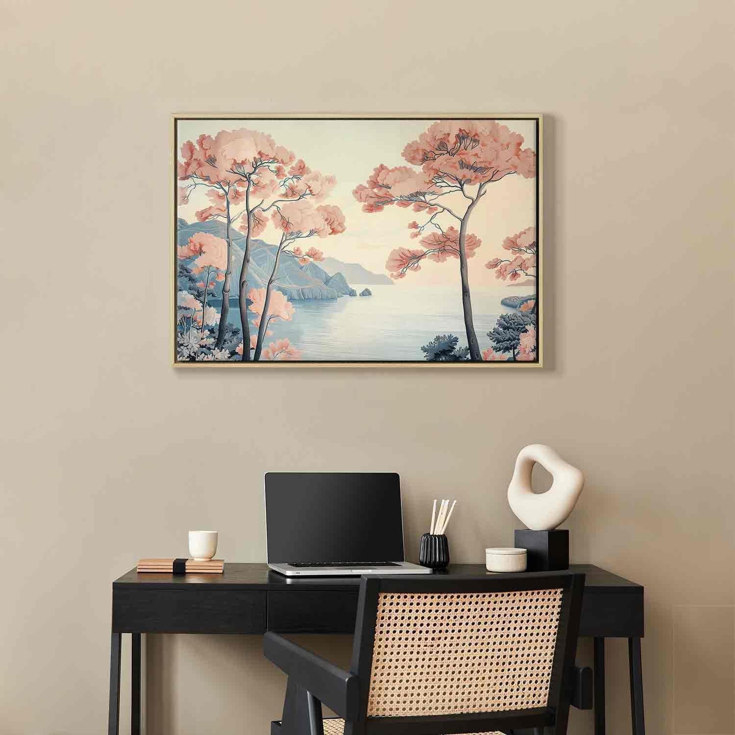 Leinwandbild - Landscape with the Ocean Cliffs and Trees in Delicate Pink Shades Artgeist