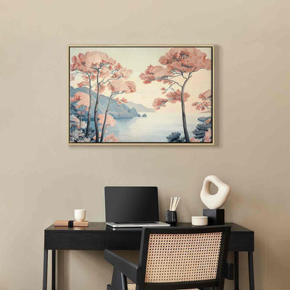 Leinwandbild - Landscape with the Ocean Cliffs and Trees in Delicate Pink Shades Artgeist
