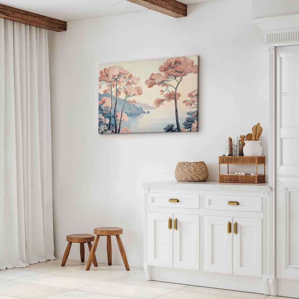 Leinwandbild - Landscape with the Ocean Cliffs and Trees in Delicate Pink Shades