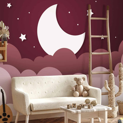 Fototapete - Moon dream - clouds in a maroon sky with stars for children