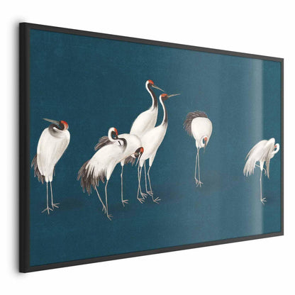 Poster - Evening at the Pond - group of cranes drawn in dry pastel on a dark turquoise background Artgeist