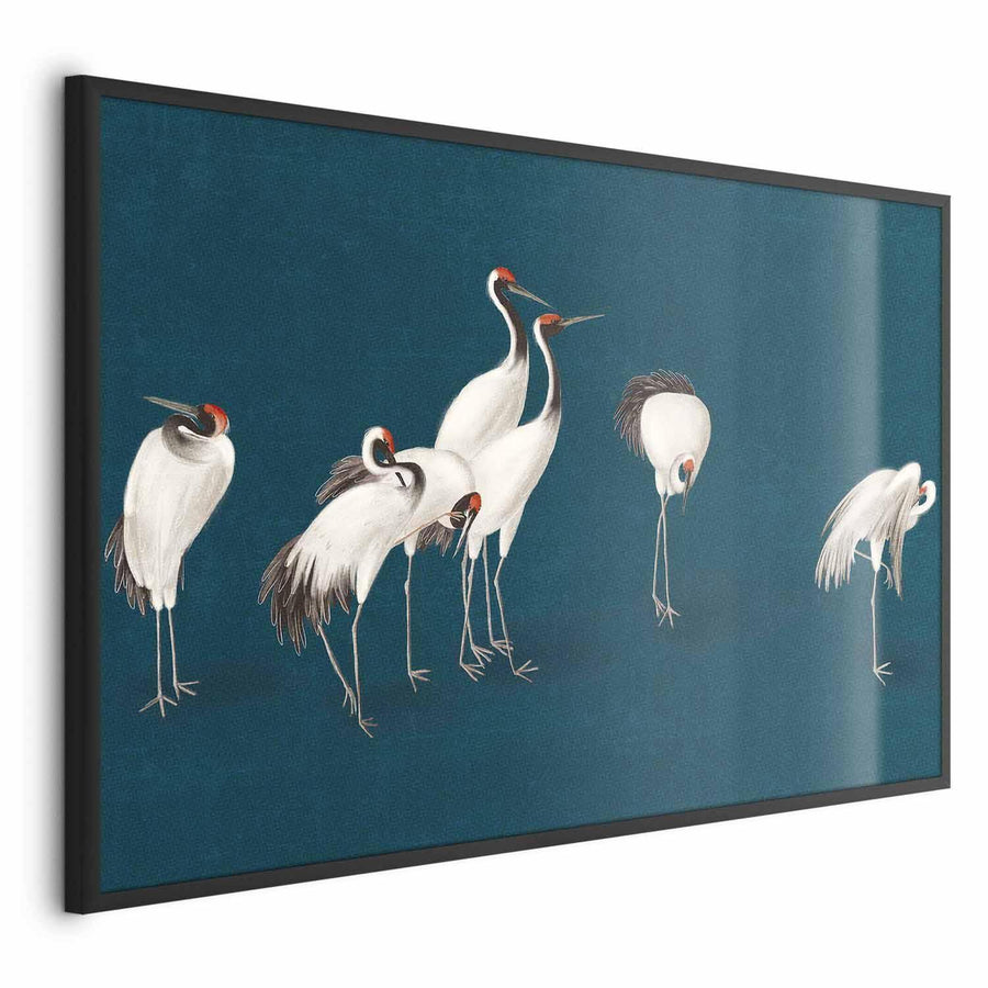 Poster - Evening at the Pond - group of cranes drawn in dry pastel on a dark turquoise background Artgeist
