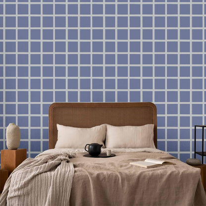 Tapete - Lines and Symmetry - Expressive White Grid on a Blue Background