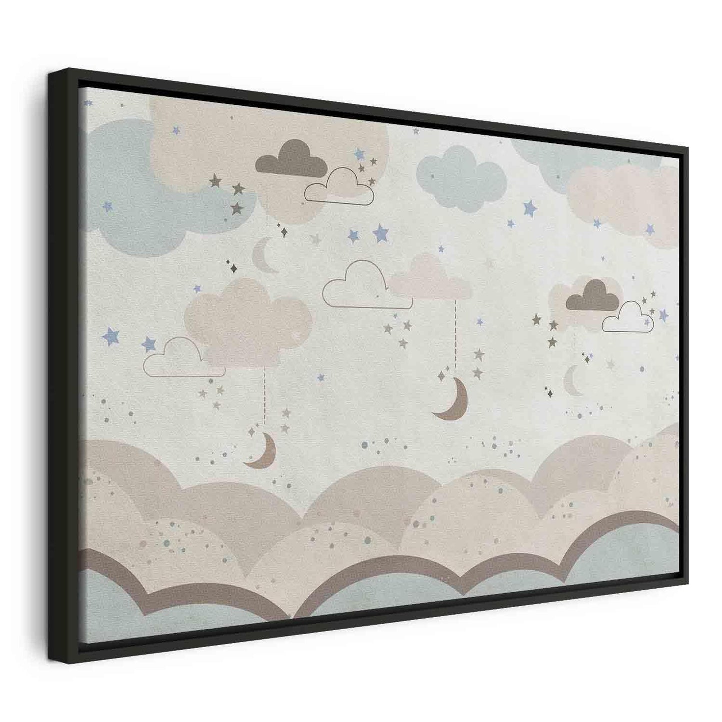 Leinwandbild - Cloudy Night Sky - Moons in Brown and Beige Hues Among Clouds and Numerous Little Stars on a Light Background
