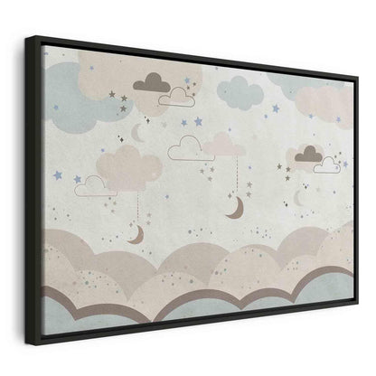 Leinwandbild - Cloudy Night Sky - Moons in Brown and Beige Hues Among Clouds and Numerous Little Stars on a Light Background