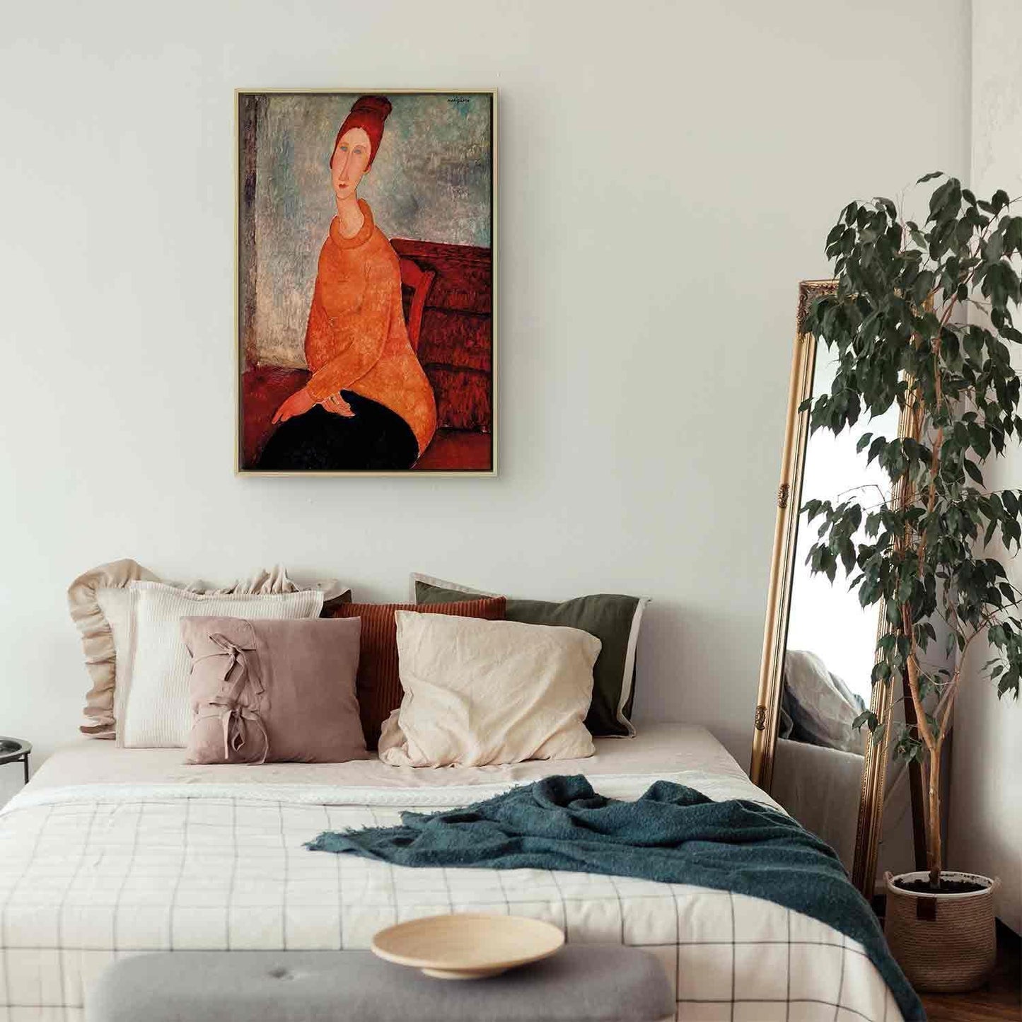 Leinwandbild - Jeanne Hebuterne in a Yellow Sweater hanging above a stylishly decorated bed.