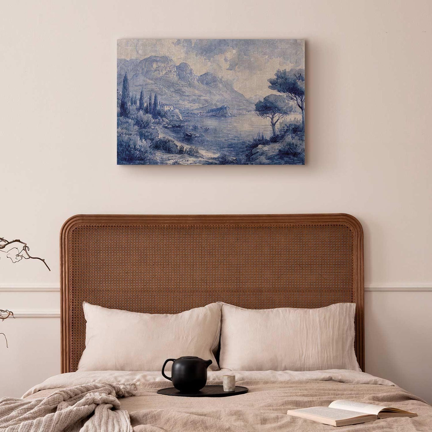 Leinwandbild - Blue Bay - Italian landscape of Lake Como painted with blue ink