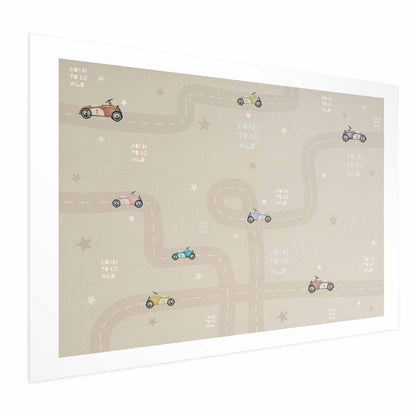Poster featuring racing cars with playful design on a beige background.