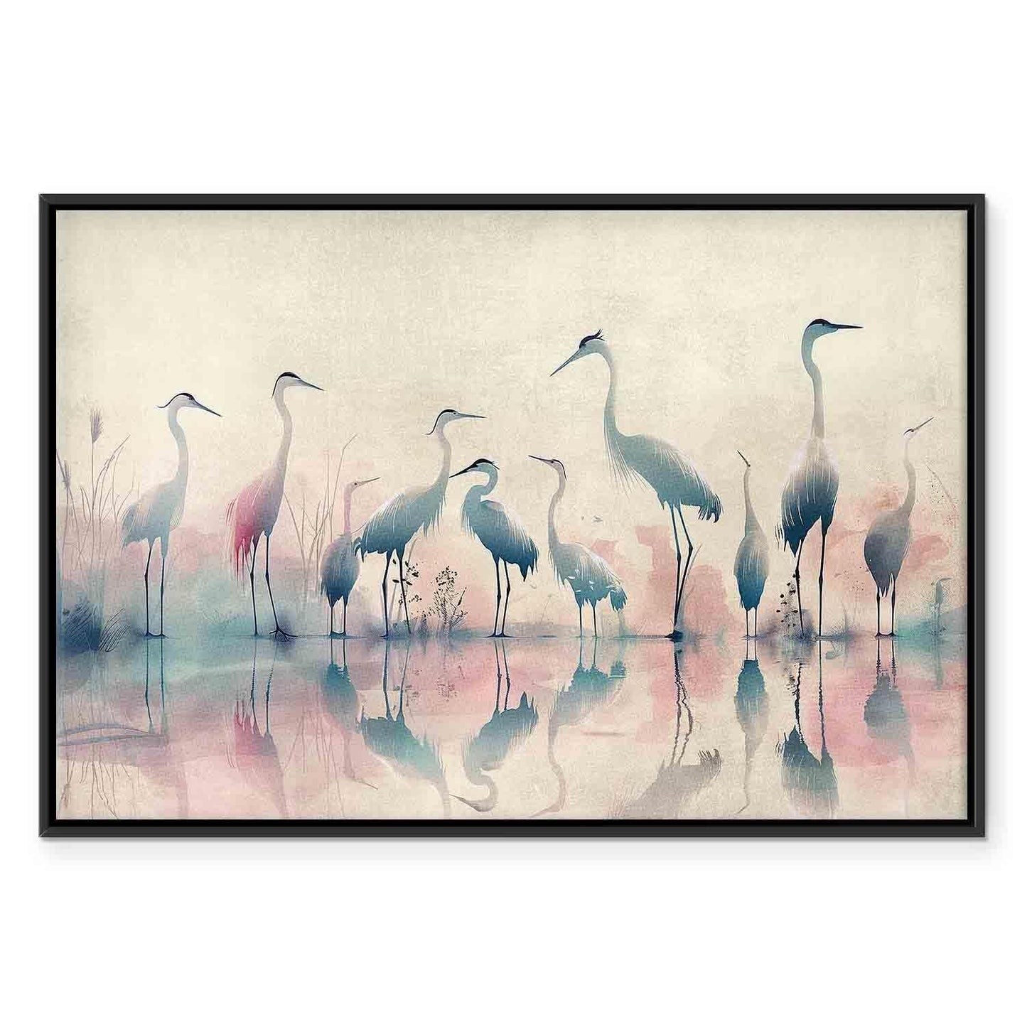 Leinwandbild - Birds by the lake - herons painted in watercolour in delicate grey and pink colours