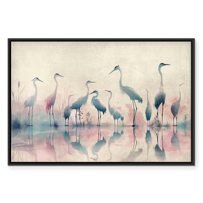 Leinwandbild - Birds by the lake - herons painted in watercolour in delicate grey and pink colours