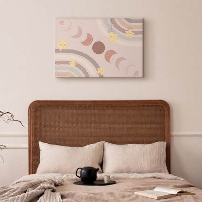 Leinwandbild - Joyful Sky - Yellow Cheerful Stars with a Rainbow Against the Phases of the Moon in a Light Beige Sky Hue