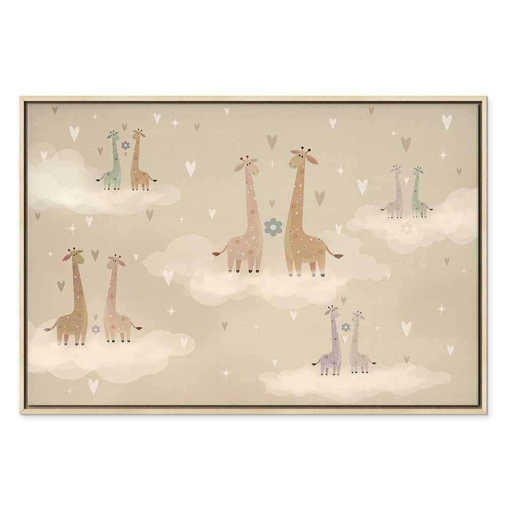 Leinwandbild - Love - Colorful Giraffes Floating on Clouds Among Hearts and Stars