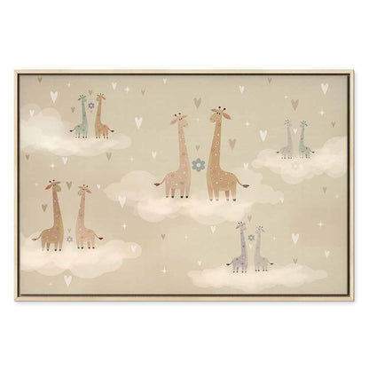 Leinwandbild - Love - Colorful Giraffes Floating on Clouds Among Hearts and Stars