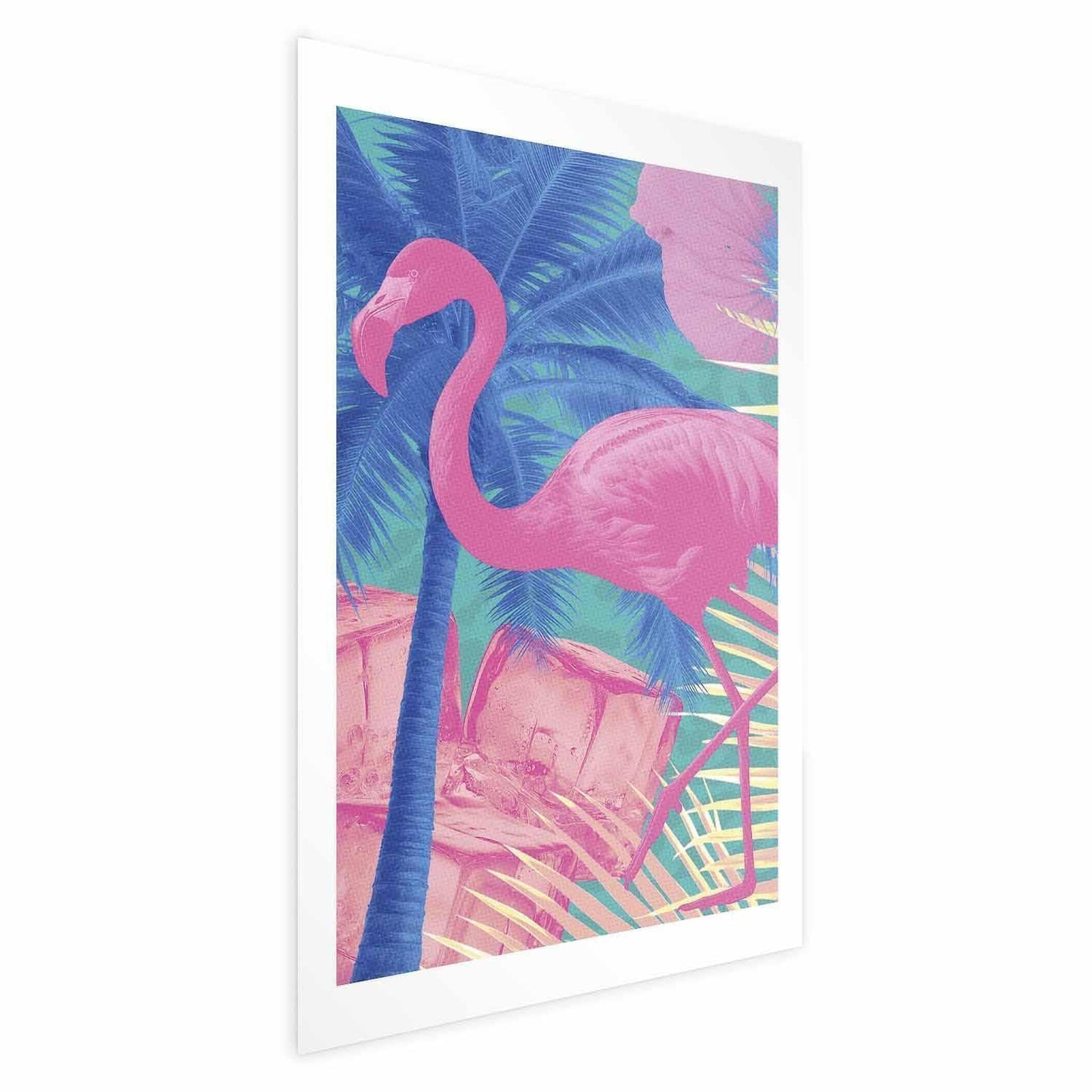 Poster - Pink Flamingo - abstract flamingo against a background of palm trees and ice cubes Artgeist