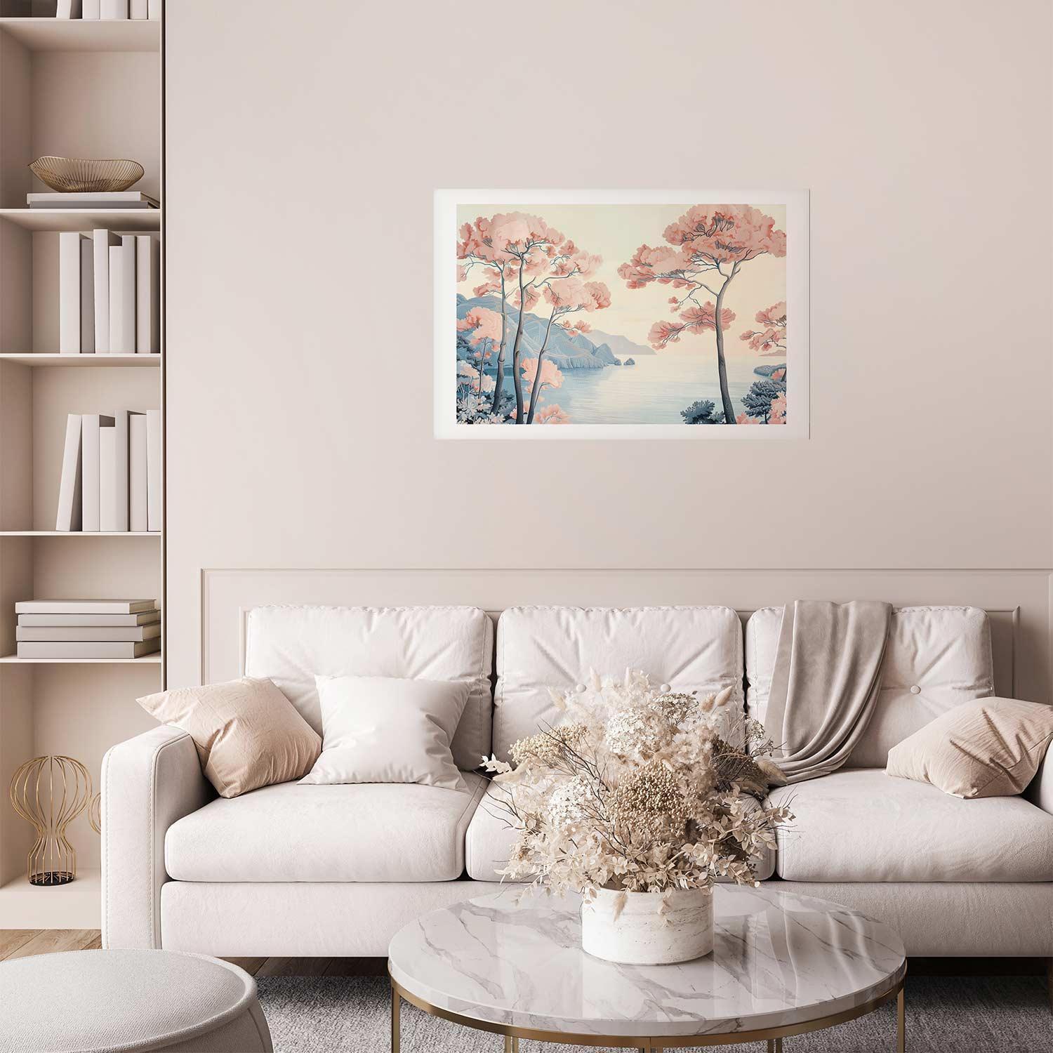 Poster - Ocean Cliffs and Trees Delicate Motif in Pastel Colors Artgeist