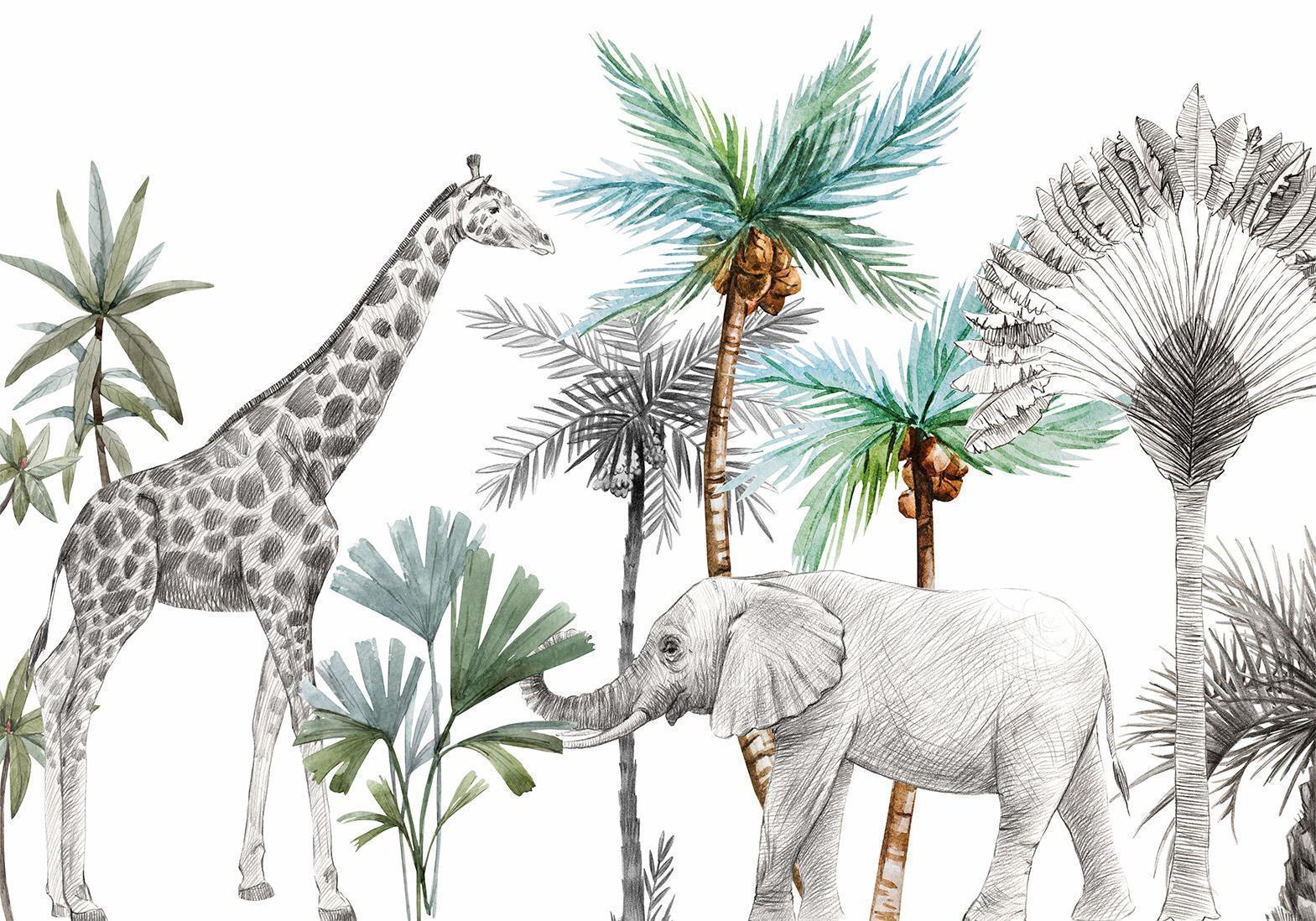 Fototapete - Jungle Animals Wallpaper for Children's Room in Cartoon Style Artgeist