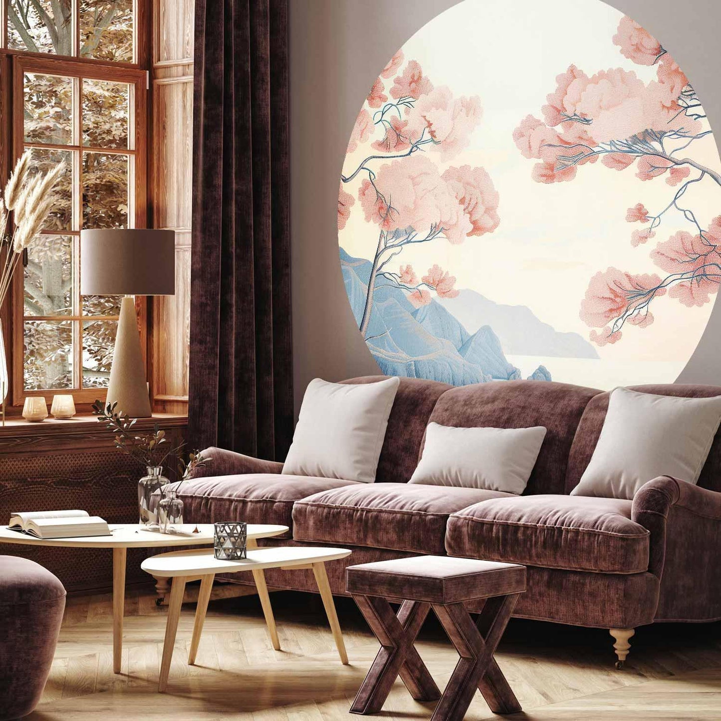 Runde Fototapete - Ocean, cliffs and trees, a delicate motif in pastel colours