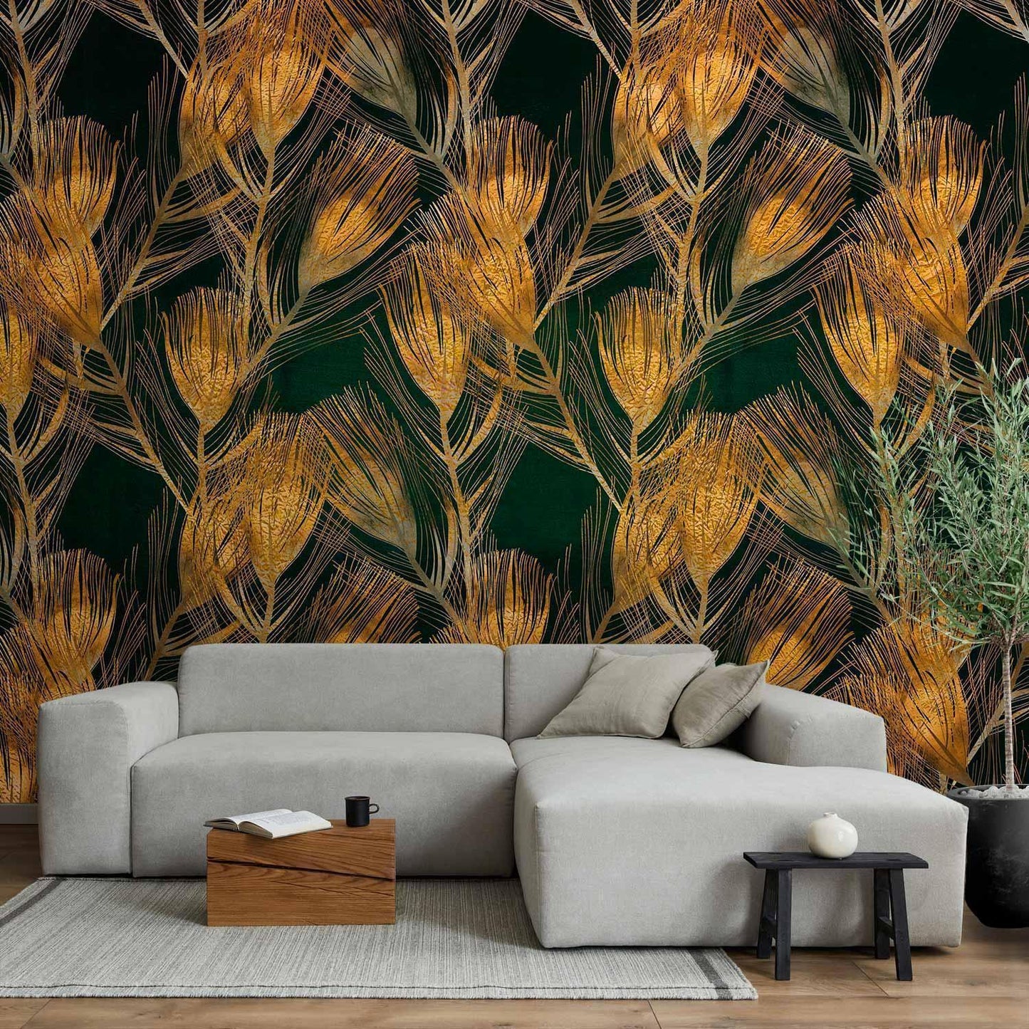 Fototapete - Golden peacock feathers - solid background with bird pattern on green background