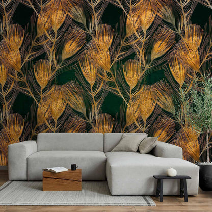 Fototapete - Golden peacock feathers - solid background with bird pattern on green background