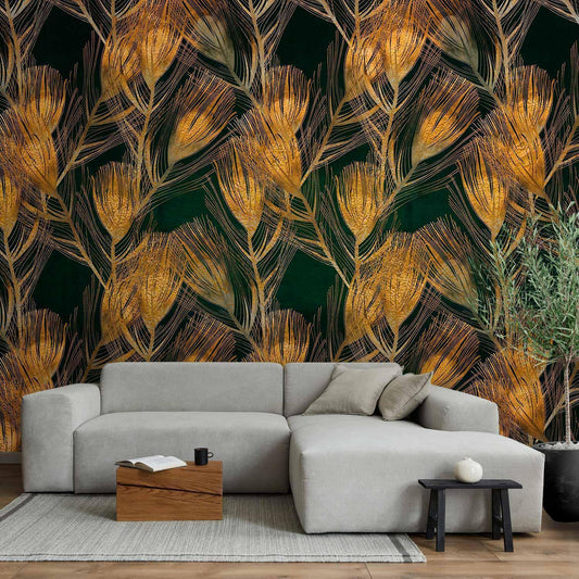 Fototapete - Golden peacock feathers - solid background with bird pattern on green background
