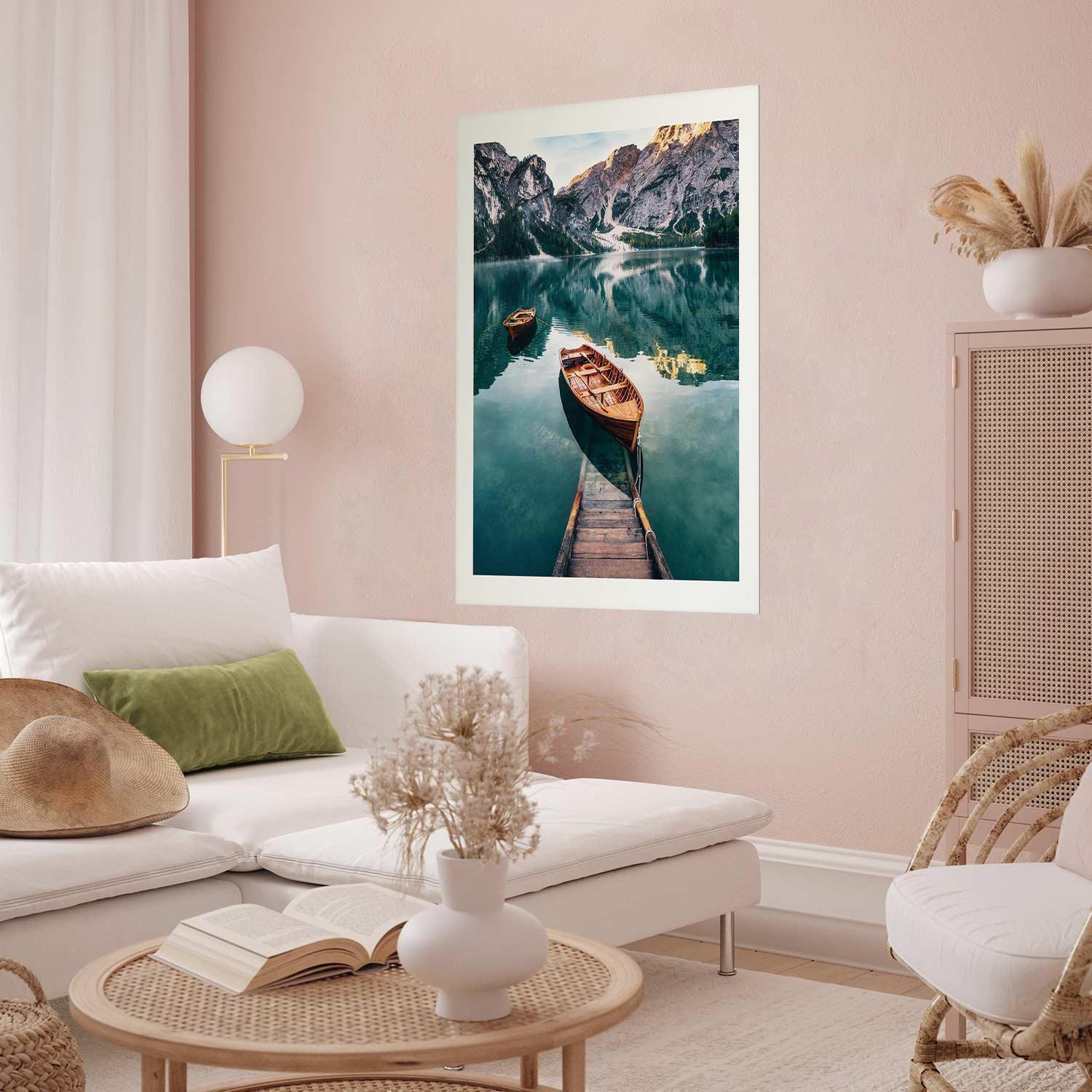 Poster of boats in Dolomites on elegant interior wall.