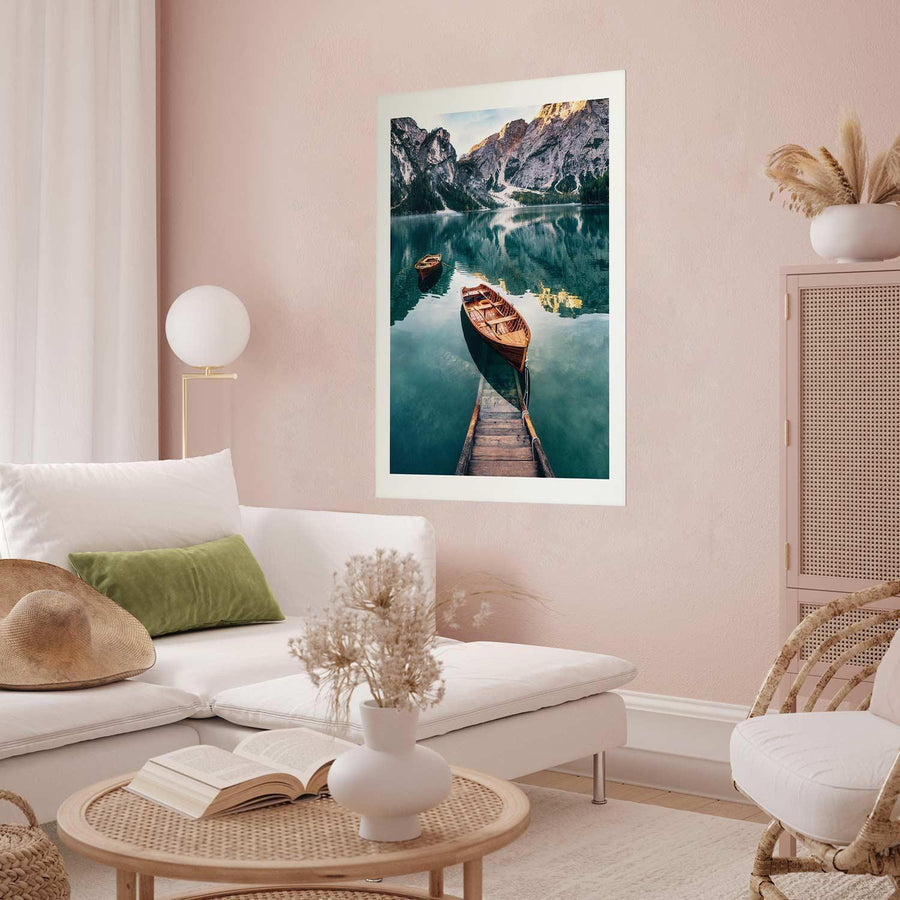 Poster of boats in Dolomites on elegant interior wall.