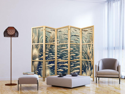 Japanischer Paravent - Life in The Ocean - Underwater World of Fish And Vegetation in Beige And Navy Colors in Retro Style