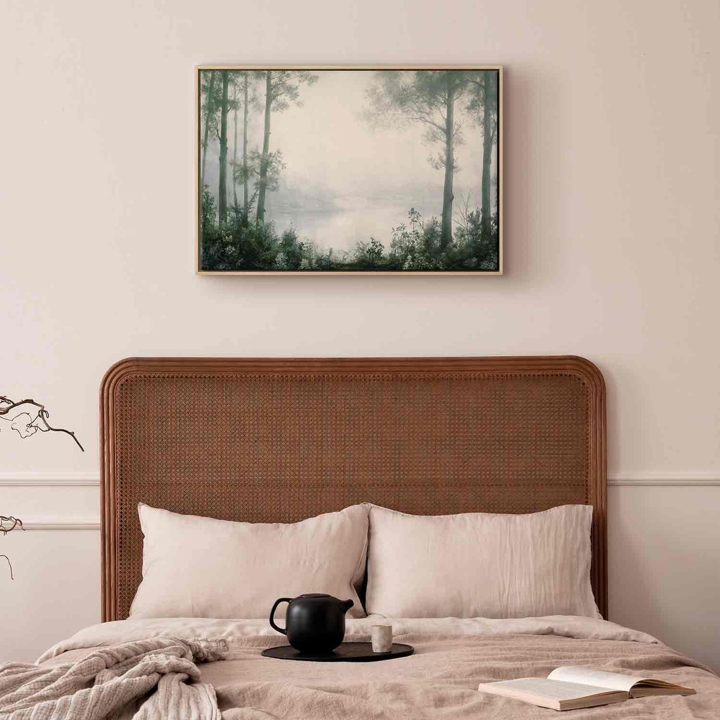 Leinwandbild - Retro Landscape Grove Trees and Pond in Patinated Shades of Green