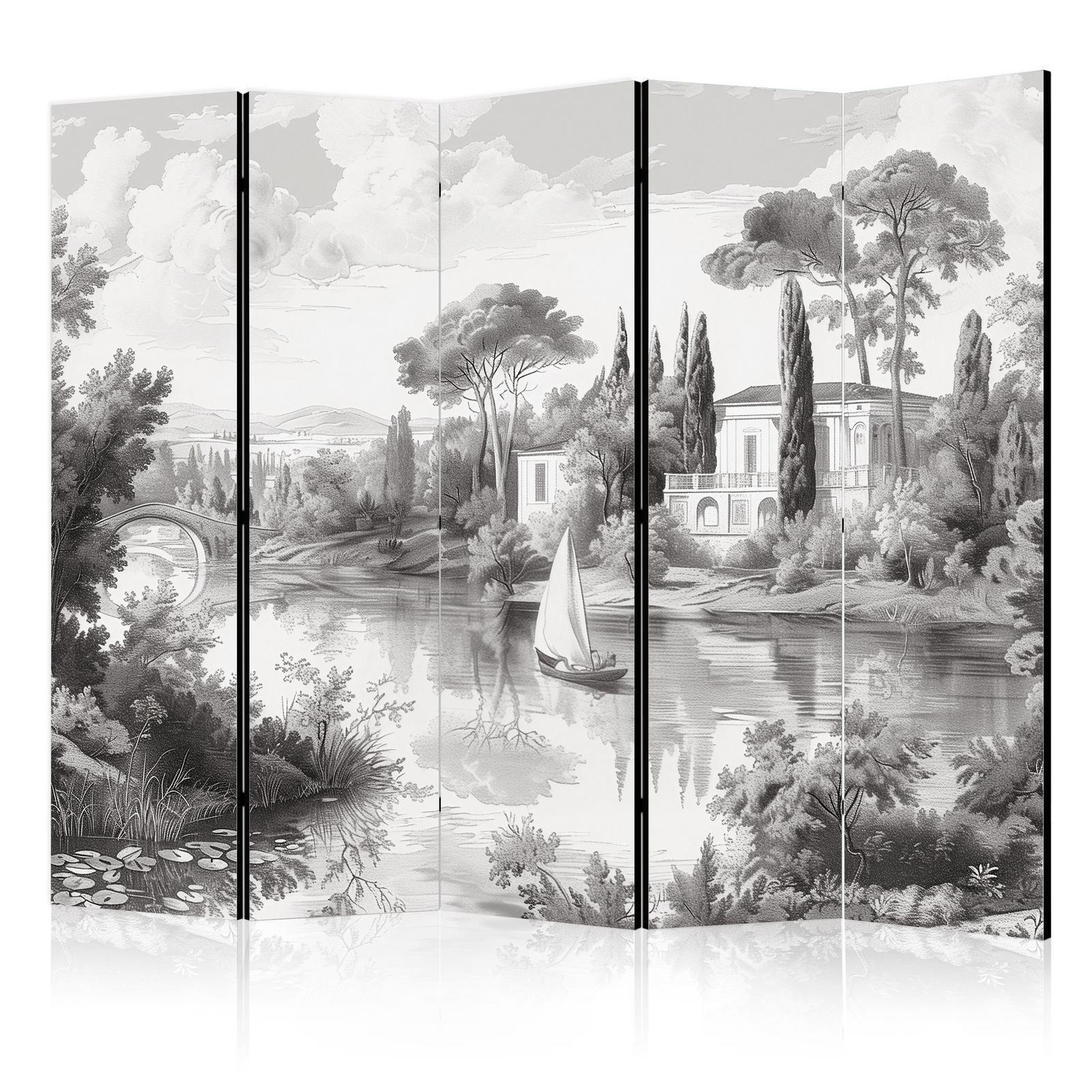 Paravent - Black and White Vintage Landscape - Retro View of a Pond with a Boat Artgeist