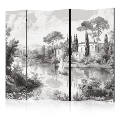Paravent - Black and White Vintage Landscape - Retro View of a Pond with a Boat Artgeist