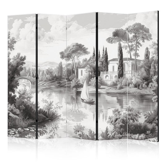 Paravent - Black and White Vintage Landscape - Retro View of a Pond with a Boat Artgeist