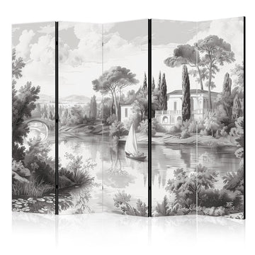 Paravent - Black and White Vintage Landscape - Retro View of a Pond with a Boat Artgeist