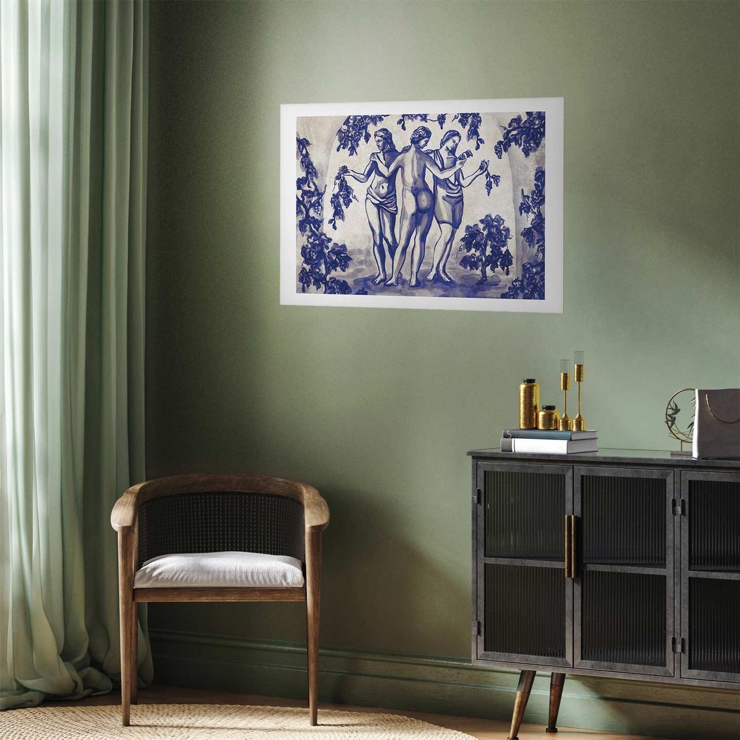 Poster - Ancient Vineyard - three women in a portal painted in blue ink Artgeist