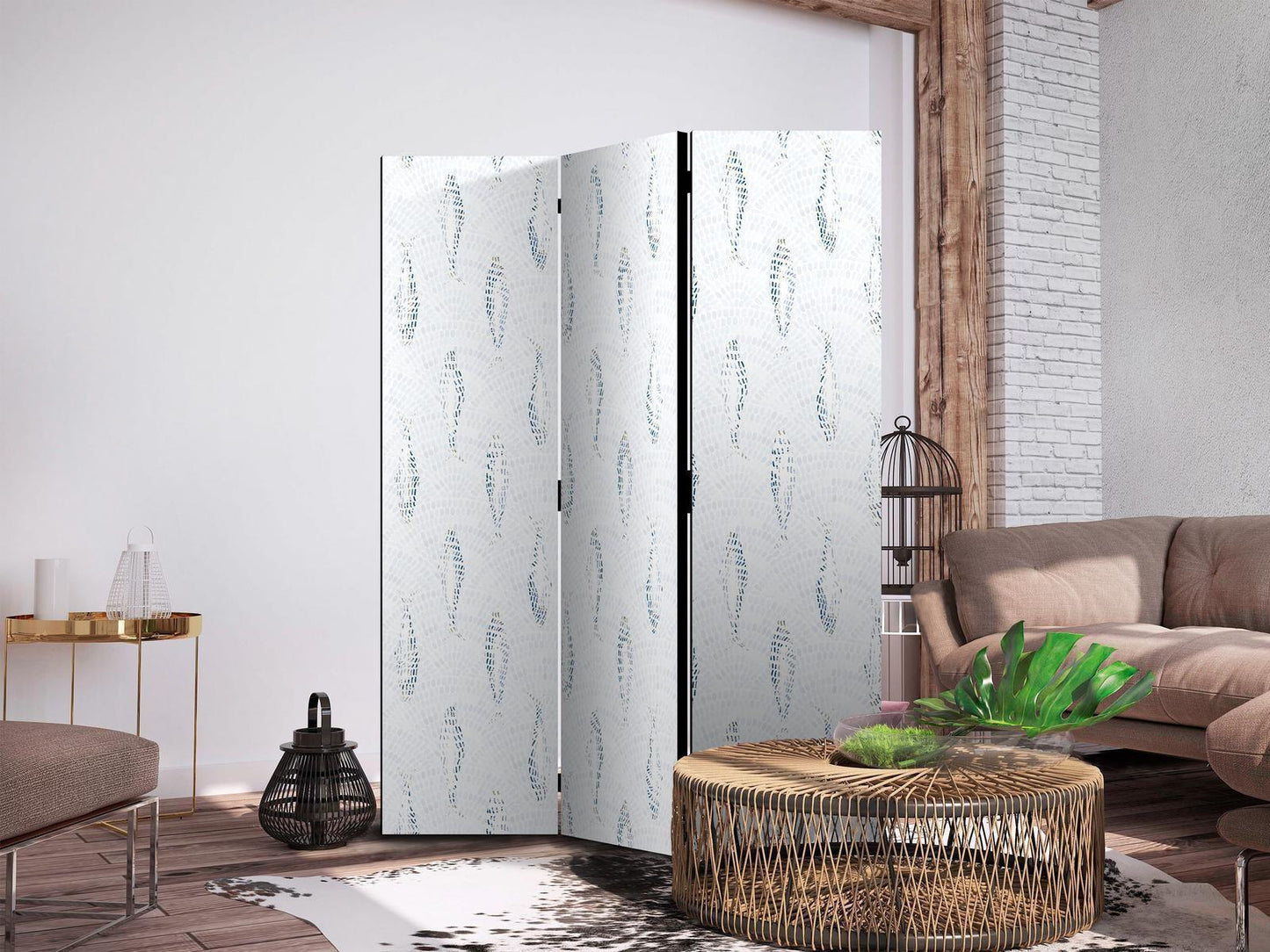 Paravent - Delicate Blue Fish - Mosaic Fish in Subtle Blue Color Shades with an Arched Pattern in the Background Artgeist