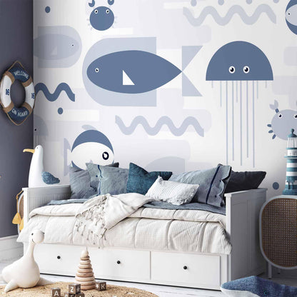 Fototapete - Minimalist ocean - geometric fish and crabs in water for kids