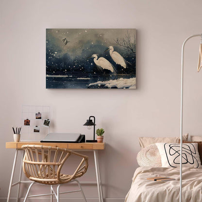 Leinwandbild - Herons over a winter pond - Japanese-style illustration in dark colours