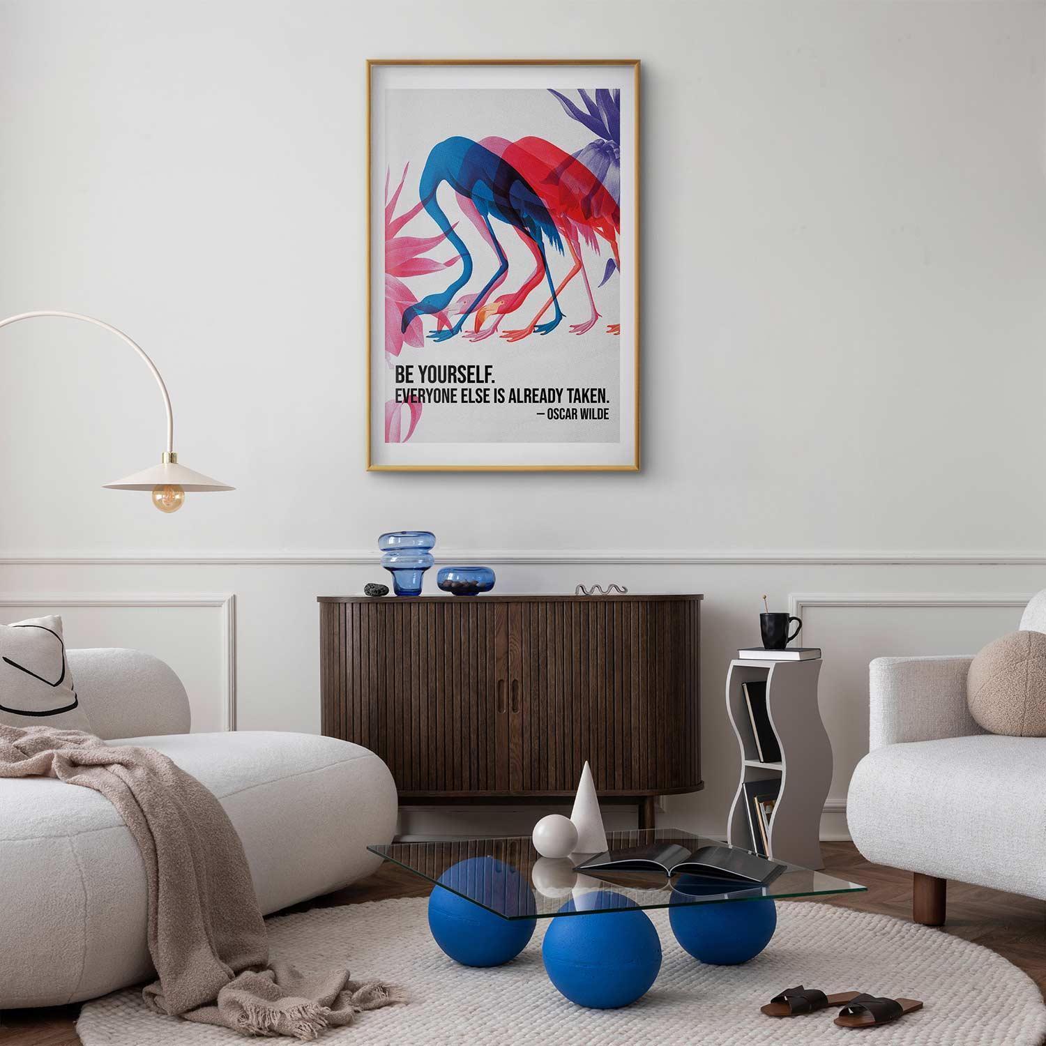 Poster - Colorful Repetition - three flamingo silhouettes with an inspiring quote Artgeist