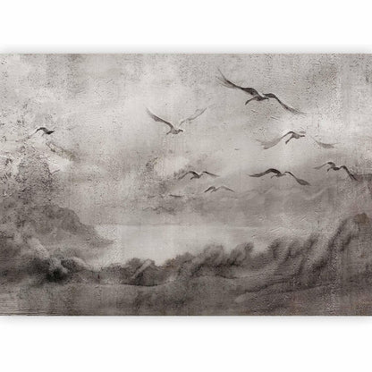 Fototapete - Swan flight - abstract landscape of birds over a lake with texture