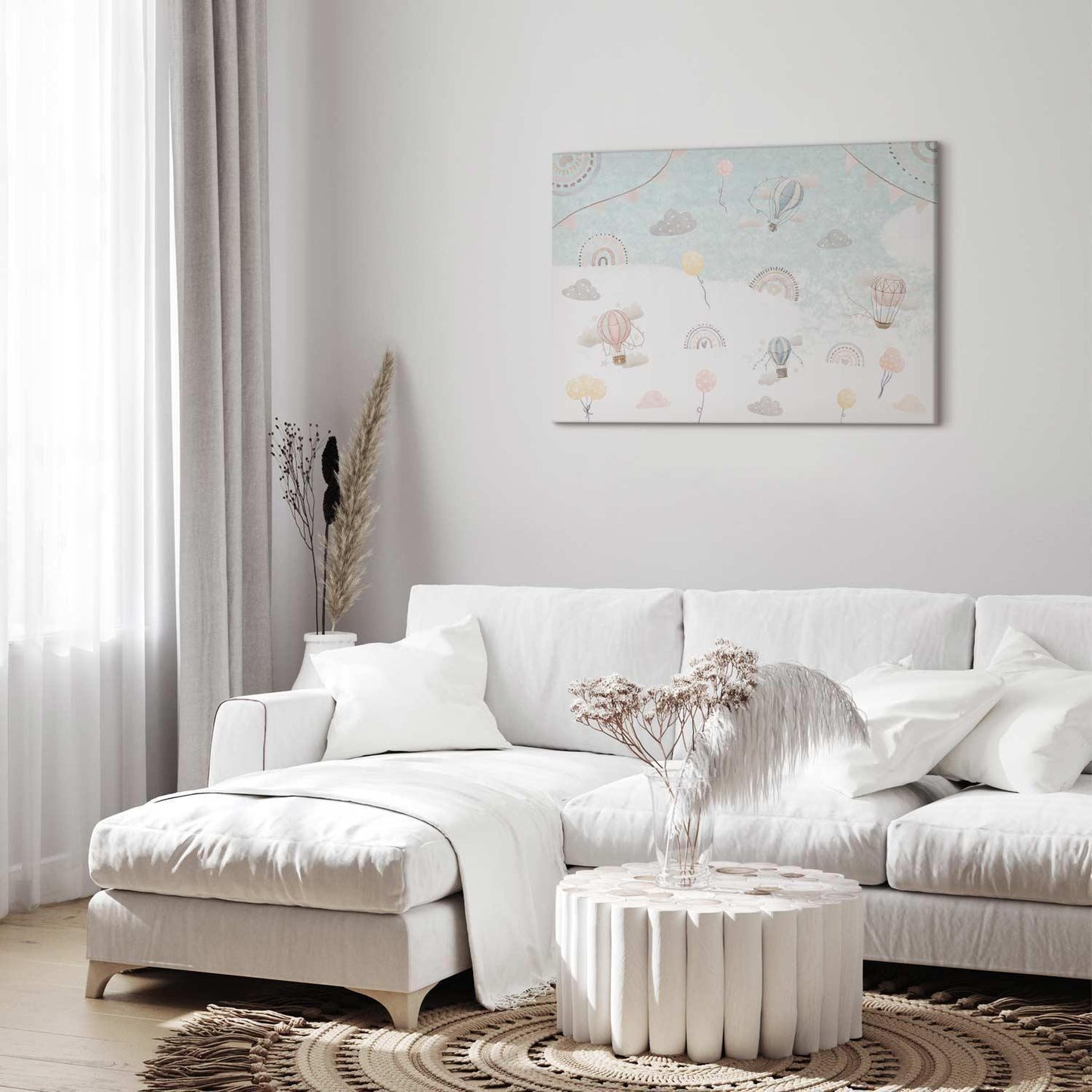 Leinwandbild - Sky with Balloons - Balloons in Subdued Colors Flying in the Sky Among Clouds Rainbows and Stars