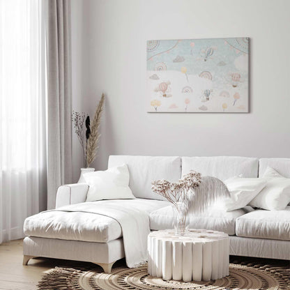 Leinwandbild - Sky with Balloons - Balloons in Subdued Colors Flying in the Sky Among Clouds Rainbows and Stars