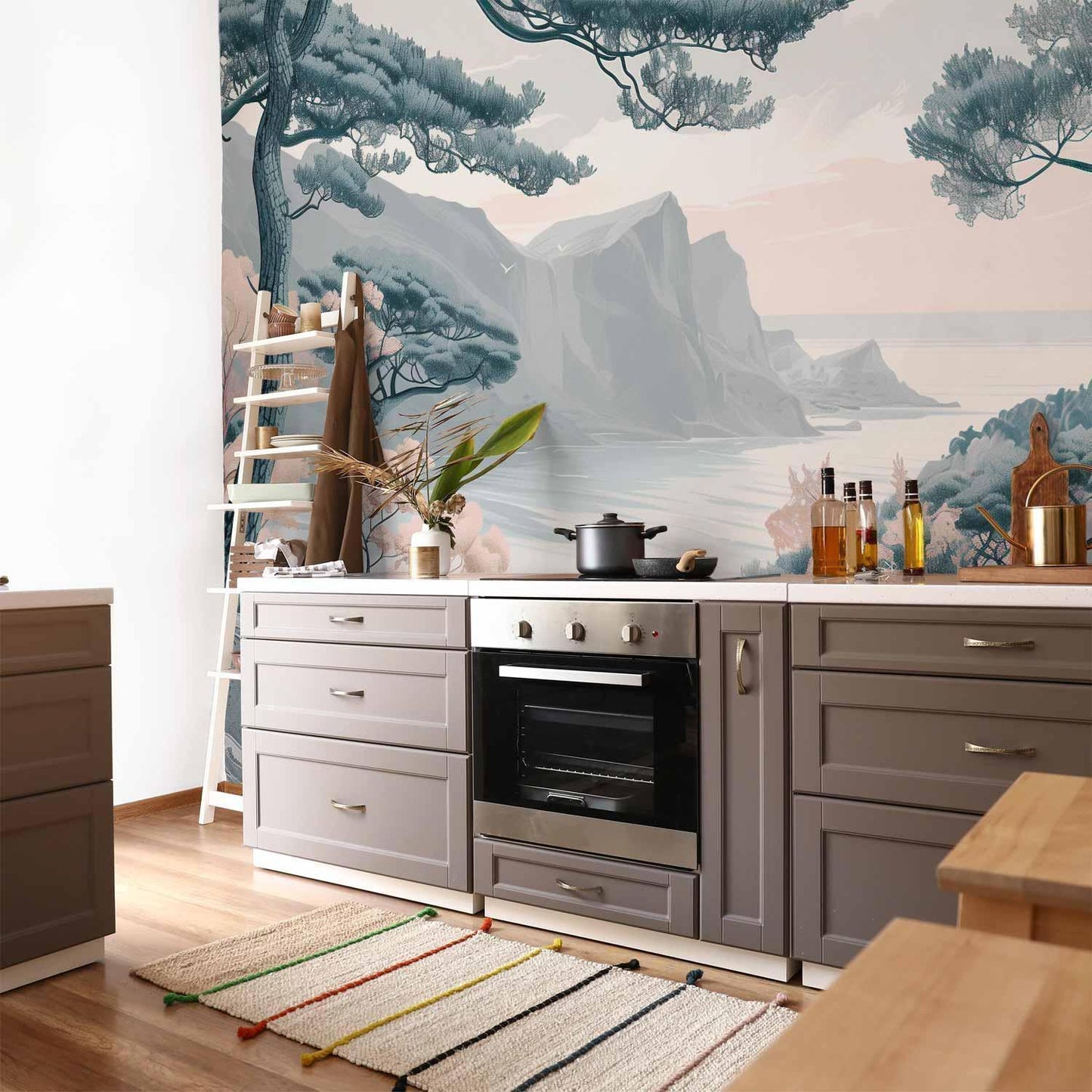 Fototapete - Mountainous Coast with Trees and Rocks in Light Pastel Blues