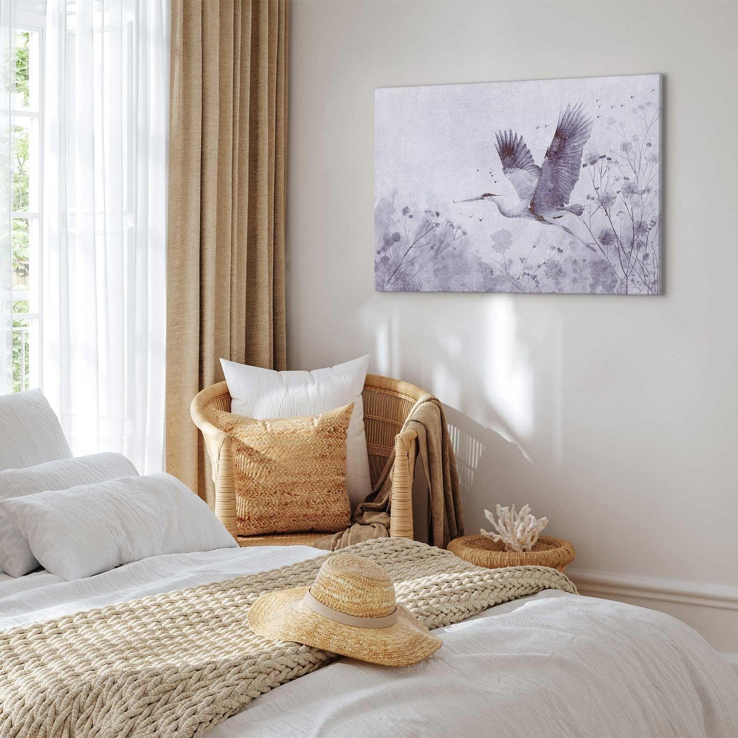 Leinwandbild - Majestic flight - a crane in flight in monochrome