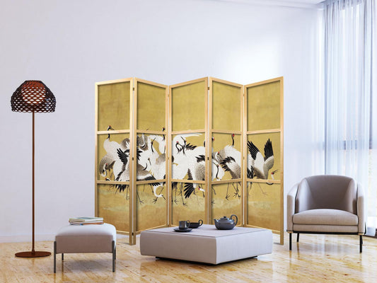 Japanischer Paravent - Japanese cranes - a flock of birds against a golden background based on a painting by Ishida Yūtei