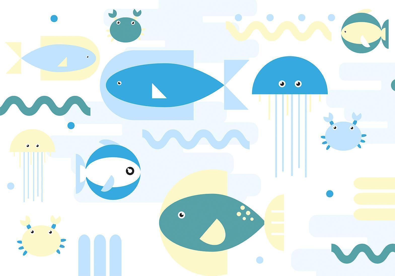Fototapete - Animals in the sea - geometric blue fish in water for kids Artgeist