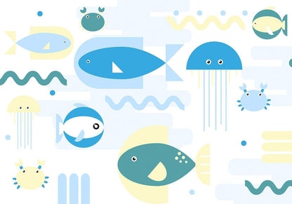 Fototapete - Animals in the sea - geometric blue fish in water for kids Artgeist