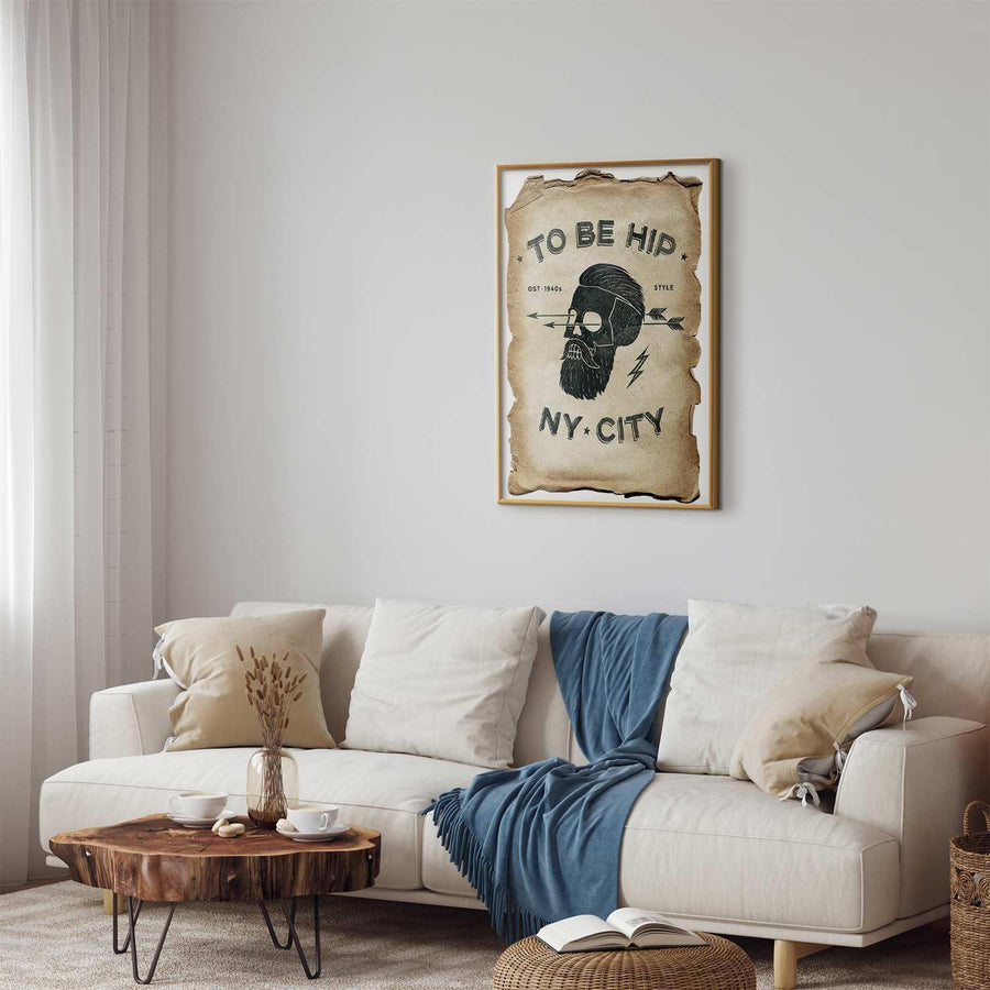 Poster - To Be Hip in living room setting, framed wall art decor.