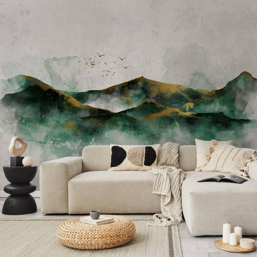 Fototapete - Abstract landscape - green mountains with golden patterns and birds Artgeist