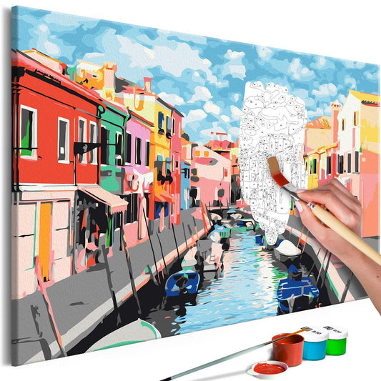 Wandbild zum Ausmalen Houses in Burano - Bunte venezianische Häuser Malen nach Zahlen Set mit Leinwand, Farben und Pinseln